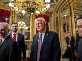 From left, House Majority Leader Steve Scalise, Vice President JD Vance, President Donald Trump and Speaker of the House Mike Johnson depart following a signing ceremony in the President's Room after the 60th Presidential Inauguration, Monday, Jan. 20, 2025, at the U.S. Capitol in Washington. (Melina Mara/The Washington Post via AP, Pool)