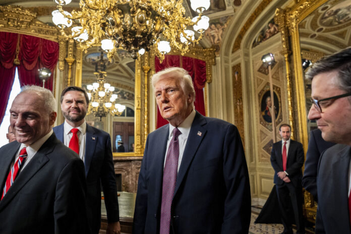 From left, House Majority Leader Steve Scalise, Vice President JD Vance, President Donald Trump and Speaker of the House Mike Johnson depart following a signing ceremony in the President's Room after the 60th Presidential Inauguration, Monday, Jan. 20, 2025, at the U.S. Capitol in Washington. (Melina Mara/The Washington Post via AP, Pool)