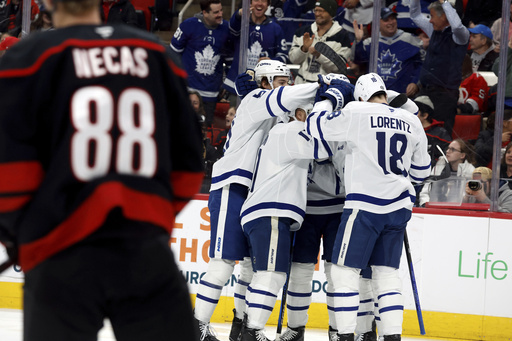 Jordan Staal nets three goals, powering Hurricanes to a 6-3 victory against the Maple Leafs.