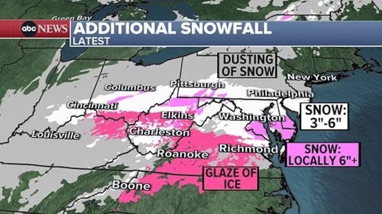 An ABC News graphic shows the additional snowfall expected in Monday on the East Coast and in the Midwest.
ABC News