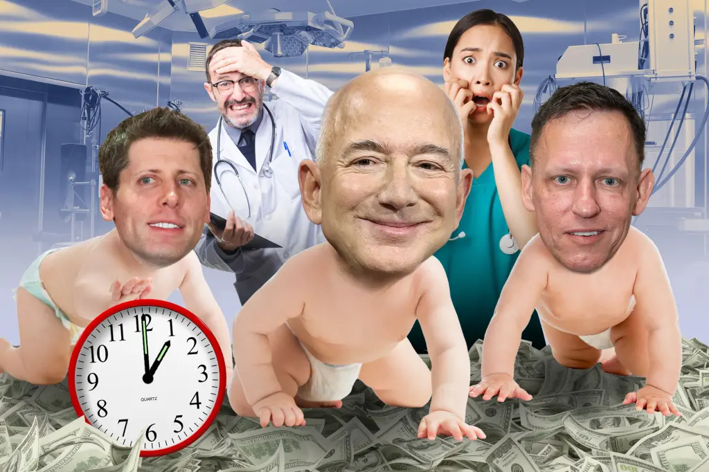 OpenAI CEO Sam Altman (left), Amazon’s Jeff Bezos (center), and PayPal cofounder Peter Thiel (right) have all funded longevity startups.
New York Post graphic