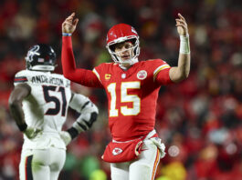 KANSAS CITY, MISSOURI - JANUARY 18: Patrick Mahomes #15 of the Kansas City Chiefs celebrates during the second half of the AFC Divisional playoff game against the Houston Texans at GEHA Field at Arrowhead Stadium on January 18, 2025 in Kansas City, Missouri. (Photo by Aaron M. Sprecher/Getty Images)