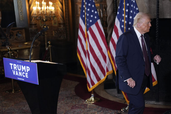 President-elect Donald Trump walks from the podium after a news conference at Mar-a-Lago, Tuesday, Jan. 7, 2025, in Palm Beach, Fla. (AP Photo/Evan Vucci)