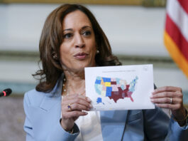 FILE - Vice President Kamala Harris displays a map showing abortion access by state as she speaks during the first meeting of the interagency Task Force on Reproductive Healthcare Access in the Indian Treaty Room in the Eisenhower Executive Office Building on the White House Campus in Washington, Aug. 3, 2022. (AP Photo/Susan Walsh, File)