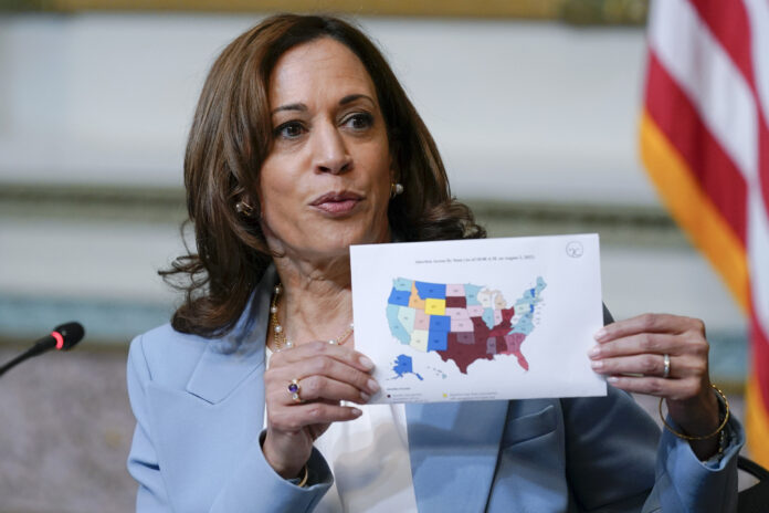 FILE - Vice President Kamala Harris displays a map showing abortion access by state as she speaks during the first meeting of the interagency Task Force on Reproductive Healthcare Access in the Indian Treaty Room in the Eisenhower Executive Office Building on the White House Campus in Washington, Aug. 3, 2022. (AP Photo/Susan Walsh, File)