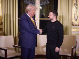 PARIS, FRANCE - DECEMBER 07: (----EDITORIAL USE ONLY - MANDATORY CREDIT - 'UKRAINIAN PRESIDENCY / HANDOUT' - NO MARKETING NO ADVERTISING CAMPAIGNS - DISTRIBUTED AS A SERVICE TO CLIENTS----) Ukrainian President Volodymyr Zelenskyy (R) and US president-elect Donald Trump (L) shakes hands after their meeting at the Elysee Presidential Palace in Paris, France on December 07, 2024. (Photo by Ukrainian Presidency / Handout/Anadolu via Getty Images)