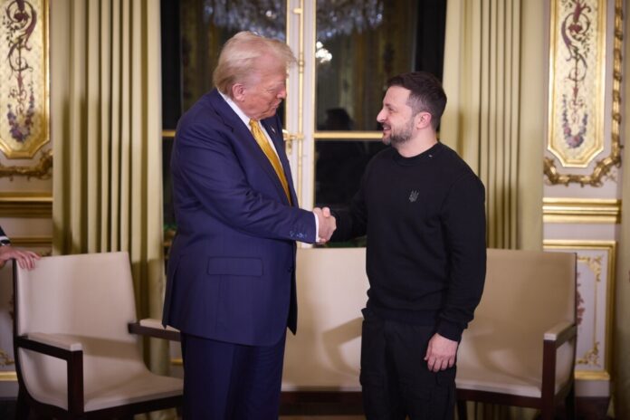 PARIS, FRANCE - DECEMBER 07: (----EDITORIAL USE ONLY - MANDATORY CREDIT - 'UKRAINIAN PRESIDENCY / HANDOUT' - NO MARKETING NO ADVERTISING CAMPAIGNS - DISTRIBUTED AS A SERVICE TO CLIENTS----) Ukrainian President Volodymyr Zelenskyy (R) and US president-elect Donald Trump (L) shakes hands after their meeting at the Elysee Presidential Palace in Paris, France on December 07, 2024. (Photo by Ukrainian Presidency / Handout/Anadolu via Getty Images)