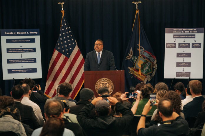 MANHATTAN, NY - APRIL 4: Manhattan District Attorney Alvin Bragg speaks during a press conference following the arraignment of former U.S. President Donald Trump in New York City on April 4, 2023. (Photo by Jeenah Moon for The Washington Post via Getty Images)