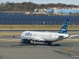 JetBlue Airbus A320-200 passenger aircraft spotted taxiing in LaGuardia airport LGA in New York City. The A320 airplane has the registration tail number N526JL, the name Blues Jsut Want to Have Fun and is powered by 2x IAE jet engines. Jet Blue Airways Corporation is a major airline in the United States with headquarters in Long Island City, Queens, NYC operating domestic and international network routes with a fleet of 286 planes. New York, USA on November 12, 2024 (Photo by Nicolas Economou/NurPhoto via Getty Images)