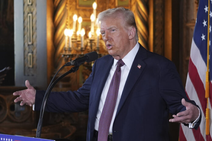 President-elect Donald Trump speaks during a news conference at Mar-a-Lago, Tuesday, Jan. 7, 2024, in Palm Beach, Fla. (AP Photo/Evan Vucci)