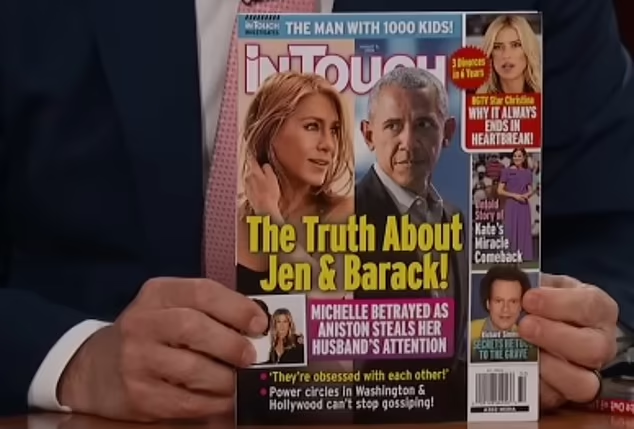 Jimmy Kimmel presented the Hollywood actress with the magazine which made allegations about her and the former President

