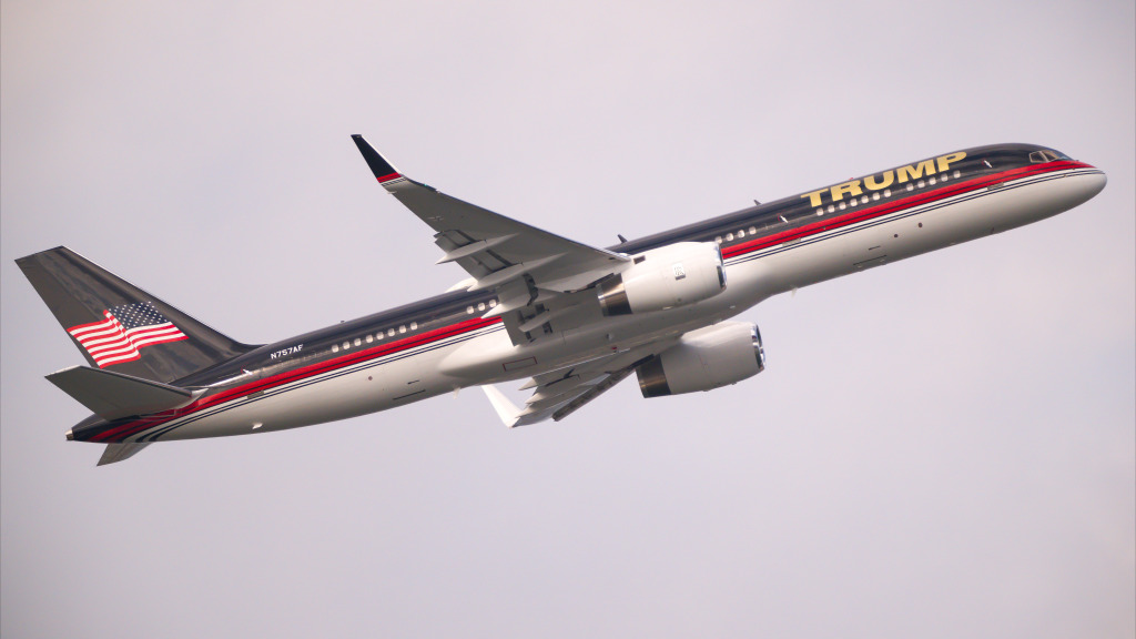 NEW YORK, NEW YORK - APRIL 04: Former U.S. President Donald Trump leaves LaGuardia Airport in a Boeing 757 named 'Trump Force One' after being indicted by a New York grand jury on April 04, 2023 in New York City. (Photo by James Devaney/GC Images)