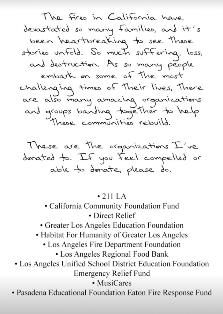 "The fires in California have devastated so many families. It's heartbreaking to see the suffering, loss, and destruction" (Taylor Swift Instagram)