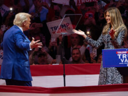 New York, New York - October 27: Former president Donald Trump, with former first lady Melania Trump, speaks at a rally on Oct. 27 at Madison Square Garden in New York.