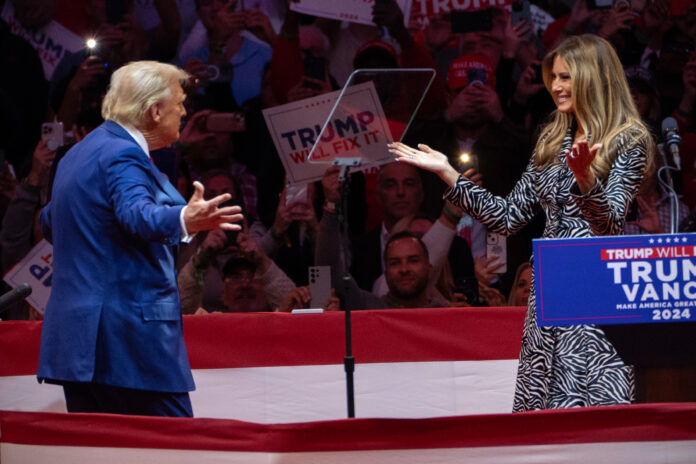 New York, New York - October 27: Former president Donald Trump, with former first lady Melania Trump, speaks at a rally on Oct. 27 at Madison Square Garden in New York.