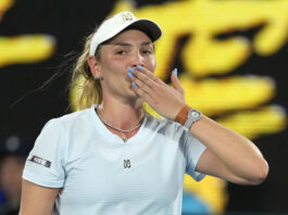 Donna Vekic of Croatia celebrates after defeating Diane Parry of France during their first round match at the Australian Open tennis championship in Melbourne, Australia, Sunday, Jan. 12, 2025. (AP Photo/Asanka Brendon Ratnayake)