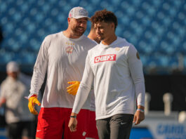 CHARLOTTE, NORTH CAROLINA - NOVEMBER 24: Travis Kelce #87 and Patrick Mahomes #15 of the Kansas City Chiefs warms up during the game against the Carolina Panthers at Bank of America Stadium on November 24, 2024 in Charlotte, North Carolina. (Photo by Grant Halverson/Getty Images)