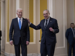 FILE - President Joe Biden, left, and Senate Majority Leader Chuck Schumer, D-N.Y., talk to reporters after a lunch with Senate Democrats at the Capitol in Washington, March 2, 2023. House Republicans are set to approve a sprawling energy package that counters virtually all of President Joe Biden's agenda to address climate change.(AP Photo/J. Scott Applewhite, Filemon Vela, D-Texas,)