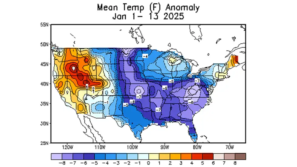 Temperatures compared to average Jan. 1-13, 2025.
(NOAA)