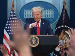 WASHINGTON, DC - JANUARY 30: U.S. President Donald Trump speaks about the mid-air crash between American Airlines and a military helicopter at the White House on January 30, 2025 in Washington, DC. (Photo by Chen Mengtong/China News Service/VCG via Getty Images)