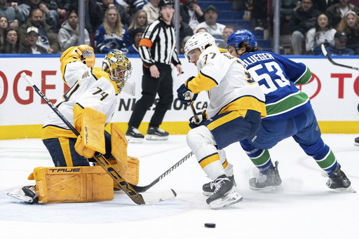 Stamkos nets a goal in the second period while Saros achieves his fourth shutout of the year in Predators’ 3-0 victory over Canucks.