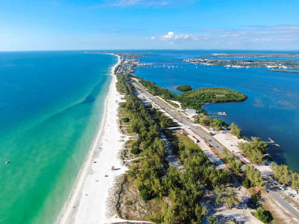 Aerial view of a barrier island on the Florida Gulf Coast which borders the Gulf of Mexico
Credit: Getty