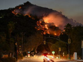 LOS ANGELES, CALIFORNIA - JANUARY 9: A view of flames at the mountain as seen from Topanga Canyon near Pacific Palisades in Topanga, Los Angeles, California, United States on January 9, 2025. A fast-moving wildfire has forced 180,000 people to evacuate, with officials warning that worsening winds could further escalate the blaze. (Photo by Tayfun Coskun/Anadolu via Getty Images)