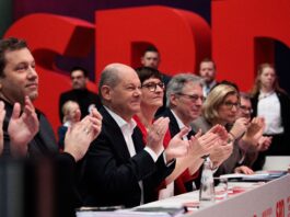 BERLIN, GERMANY - JANUARY 11: (left to right) Lars Klingbeil, SPD co-leader, Chancellor Olaf Scholz, and Saskia Esken SPD co-leader, at the SPD party congress on January 11, 2025 in Berlin, Germany. Germany is scheduled to hold snap parliamentary elections on February 23 following the collapse of the SPD-led three-party federal government coalition last November. (Photo by Carsten Koall/Getty Images)