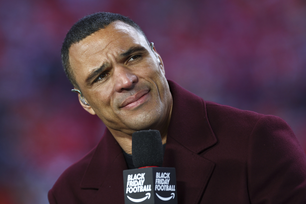 KANSAS CITY, MISSOURI - NOVEMBER 29: Amazon Prime Video Thursday Night Football analyst Tony Gonzalez on set during halftime between the Kansas City Chiefs and the Las Vegas Raiders at GEHA Field at Arrowhead Stadium on November 29, 2024 in Kansas City, Missouri. (Photo by Aaron M. Sprecher/Getty Images)