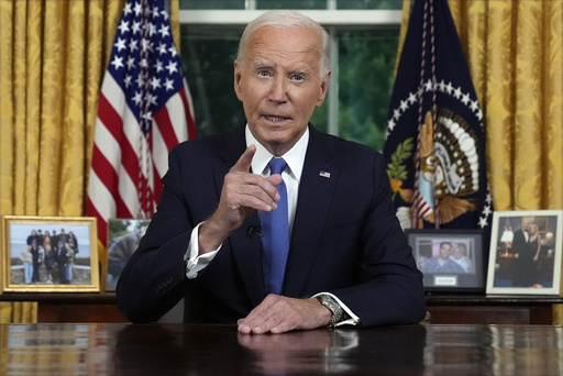 FILE - President Joe Biden addresses the nation from the Oval Office of the White House in Washington, July 24, 2024, about his decision to drop his Democratic presidential reelection bid. (AP Photo/Evan Vucci, Pool, File)