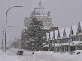 LACKAWANNA , NEW YORK - JANUARY 18: The Our Lady Of Victory National Shrine and Basilica is covered in snow along South Park Avenue on January 18, 2024 in Lackawanna, New York. The suburb of Buffalo was one of the areas hit the hardest by a lake-effect snowstorm that dumped as much as 65 inches of snow over a 24-hour period this week. (Photo by John Normile/Getty Images)