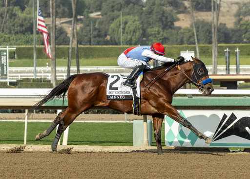 Barnes claims victory in San Vicente Stakes while trainer Bob Baffert secures a 1-2 finish in Kentucky Derby qualifier at Santa Anita