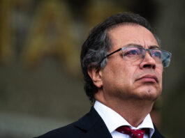 Colombian President Gustavo Petro is taking part in the First Honors Ceremony of Colombian Navy Admiral Francisco Cubides Granados as Colombian military forces commander during his swearing-in ceremony at the Jose Maria Cordova Military School in Colombia, on July 9, 2024. (Photo by Sebastian Barros/NurPhoto via Getty Images)