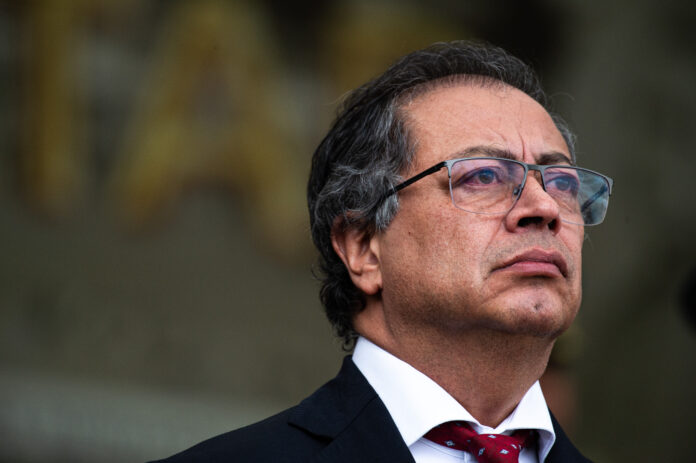 Colombian President Gustavo Petro is taking part in the First Honors Ceremony of Colombian Navy Admiral Francisco Cubides Granados as Colombian military forces commander during his swearing-in ceremony at the Jose Maria Cordova Military School in Colombia, on July 9, 2024. (Photo by Sebastian Barros/NurPhoto via Getty Images)