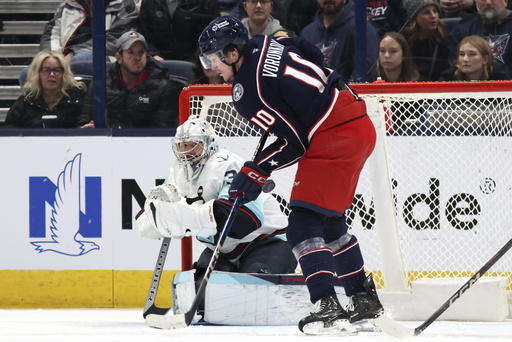 Columbus newcomers Mateychuk and Del Bel Belluz contribute one goal and one assist each in 6-2 victory against Seattle.