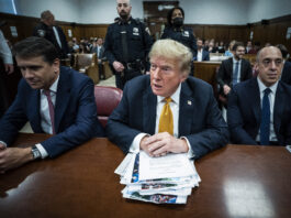 New York, NY - May 29 : Former President Donald Trump, flanked by attorneys Todd Blanche and Emil Bove, arrives for his criminal trial at the Manhattan Criminal Court in New York, NY on Wednesday, May 29, 2024. Trump was charged with 34 counts of falsifying business records last year, which prosecutors say was an effort to hide a potential sex scandal, both before and after the 2016 presidential election. Trump is the first former U.S. president to face trial on criminal charges. (Photo by Jabin Botsford/The Washington Post via Getty Images)