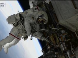 In this image, made from NASA TV, US astronaut Suni Williams works outside the International Space Station during a spacewalk, Thursday, Jan. 30, 2025. (AP Photo/NASA TV)