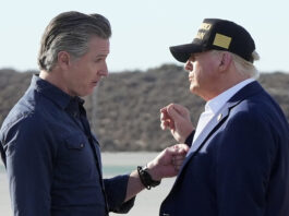 President Donald Trump talks with California Gov. Gavin Newsom after arriving on Air Force One at Los Angeles International Airport in Los Angeles, Friday, Jan. 24, 2025. (AP Photo/Mark Schiefelbein)