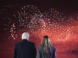 President-elect Donald Trump, Melania Trump and family watch fireworks at Trump National Golf Club, Saturday, Jan. 18, 2025, in Sterling, Va. (AP Photo/Alex Brandon, Pool)