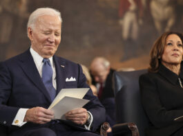 Former President Joe Biden and former Vice President Kamala Harris during the 60th Presidential Inauguration in the Rotunda of the U.S. Capitol in Washington, Monday, Jan. 20, 2025. (Chip Somodevilla/Pool Photo via AP)