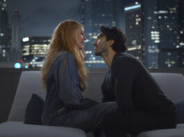 This image released by Sony Pictures shows Justin Baldoni, right, and Blake Lively in a scene from "It Ends With Us." (Nicole Rivelli/Sony Pictures via AP)