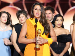 Karla Sofía Gascón wins Best Motion Picture Musical or Comedy for "Emilia Pérez" during the 82nd Annual Golden Globes held at The Beverly Hilton on January 05, 2025 in Beverly Hills, California. (Photo by Rich Polk/GG2025/Penske Media via Getty Images)