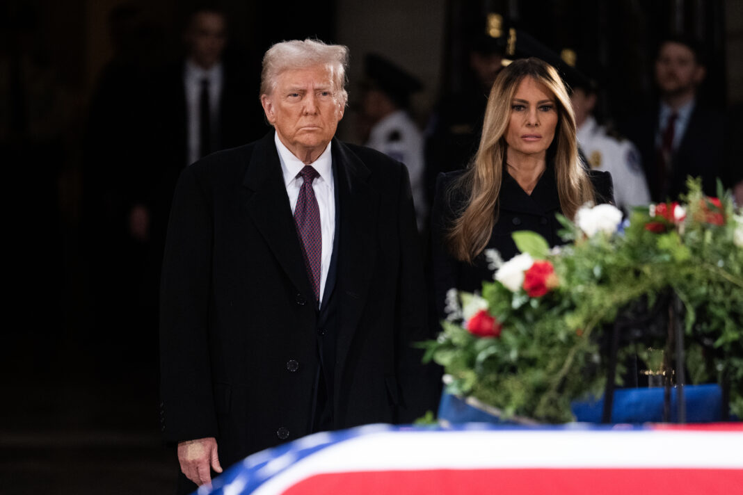 UNITED STATES - JANUARY 8: President-elect Donald Trump and former first lady Melania Trump pay respect to the late Jimmy Cater, 39th President of the United States, as his remains lie in state in the U.S. Capitol Rotunda on Wednesday, January 8, 2025. (Tom Williams/CQ-Roll Call, Inc via Getty Images)