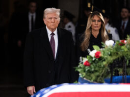 UNITED STATES - JANUARY 8: President-elect Donald Trump and former first lady Melania Trump pay respect to the late Jimmy Cater, 39th President of the United States, as his remains lie in state in the U.S. Capitol Rotunda on Wednesday, January 8, 2025. (Tom Williams/CQ-Roll Call, Inc via Getty Images)