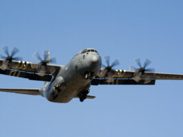 US Air Force Lockheed C-130 Hercules close-up while landing at Lviv Airport