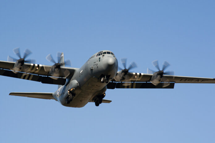 US Air Force Lockheed C-130 Hercules close-up while landing at Lviv Airport