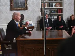 President Biden delivered his farewell address from the Oval Office with the help of a pillow to prop him up during the 18-minute speech. POOL/AFP via Getty Images