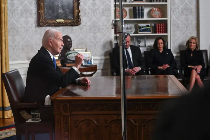 President Biden delivered his farewell address from the Oval Office with the help of a pillow to prop him up during the 18-minute speech. POOL/AFP via Getty Images