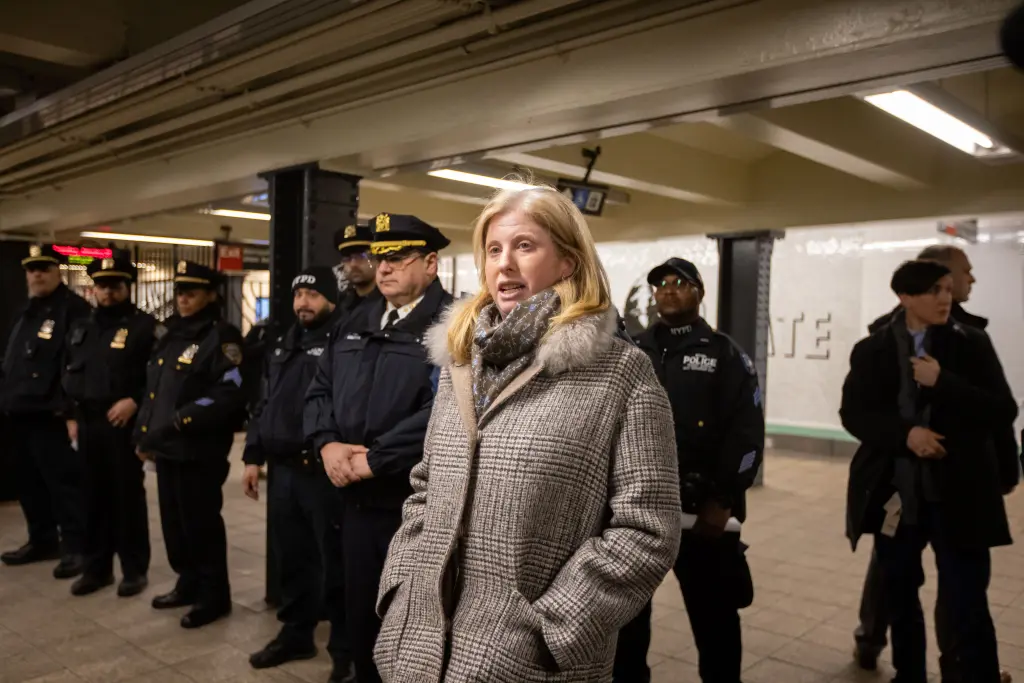 NYPD Commissioner Jessica Tisch stands inside with officers at. Brooklyn subway station on Jan. 21, 2025.
Michael Nagle