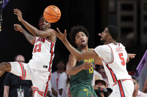 Sixth-ranked Houston triumphs over Baylor 76-65 with five players reaching double-digit points.